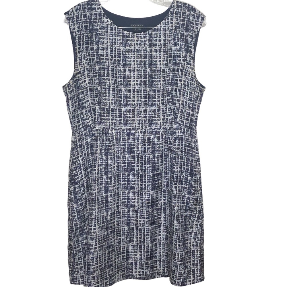Theory Shyann Navy Abstract Dress, 100% Silk, Navy/White, Size 10, Lined, EUC